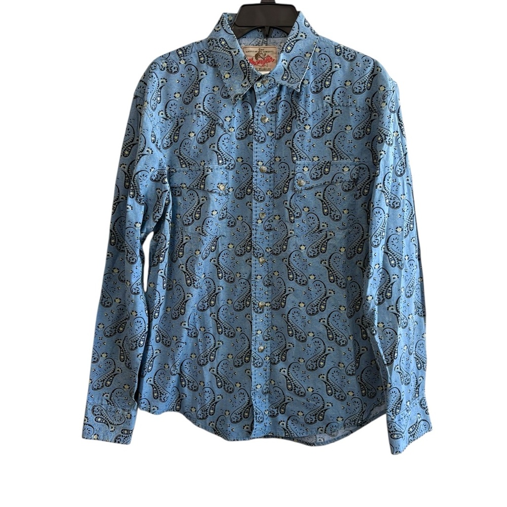 Vintage Wrangler Menโs Largeโ Blue Paisley Long Sleeve Snap Button Shirt Western